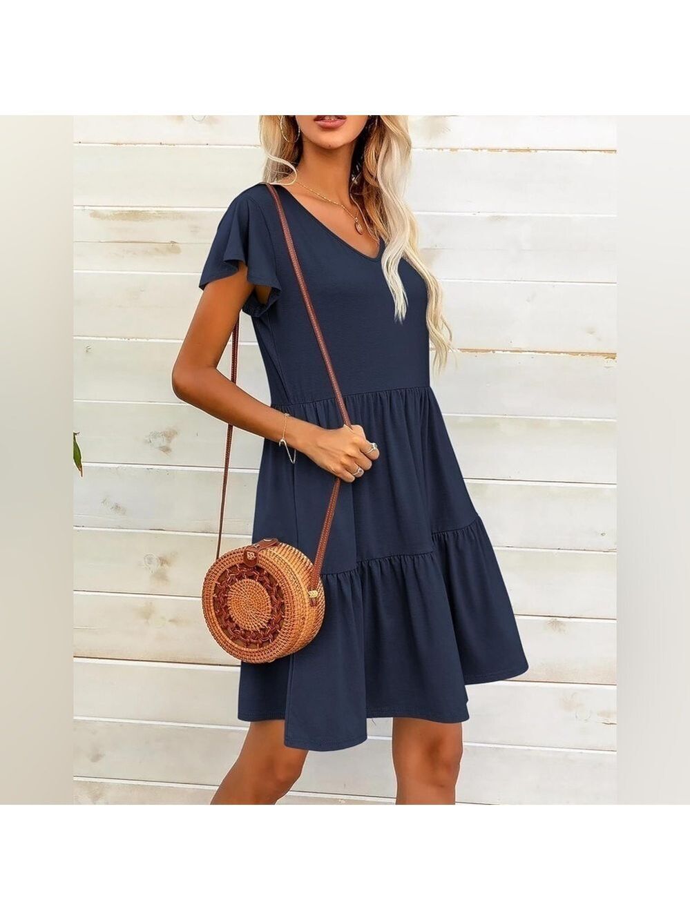 Casual Tiered Dress with Pockets‎ V Neck Ruffle Dress Size Large